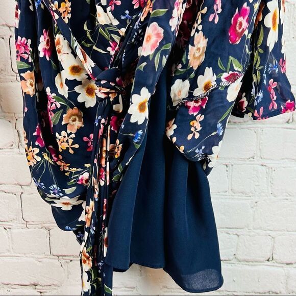 Parker Silk Blend Navy Floral Long Trumpet Sleeve Waist Tie Dress - Picture 8 of 11